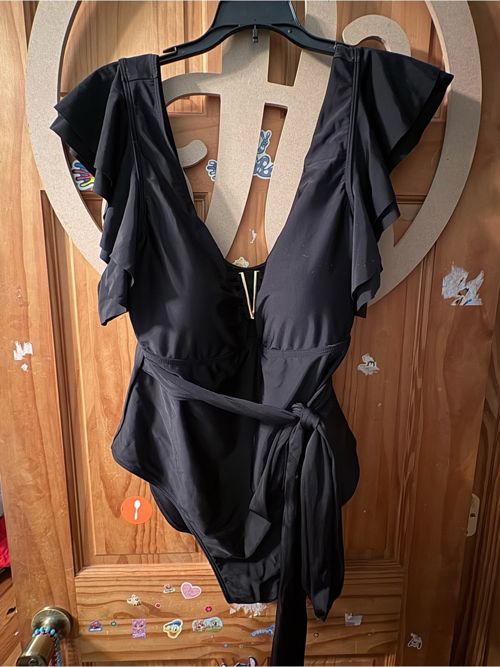 Chic Soul Black One-Piece Swimsuit with Ruffle Shoulders and Side Tie